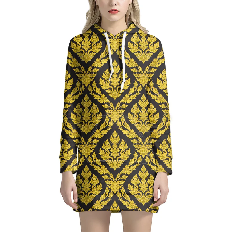 Ethnic Thai Pattern Print Pullover Hoodie Dress