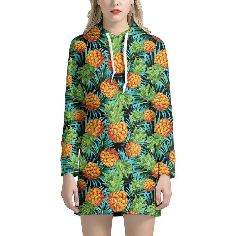 Exotic Tropical Pineapple Pattern Print Pullover Hoodie Dress