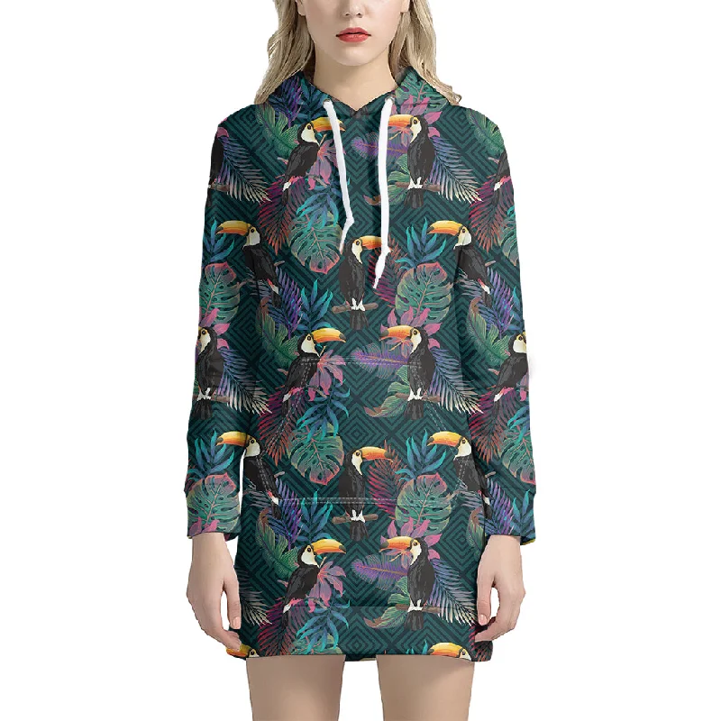 Exotic Tropical Toucan Pattern Print Pullover Hoodie Dress