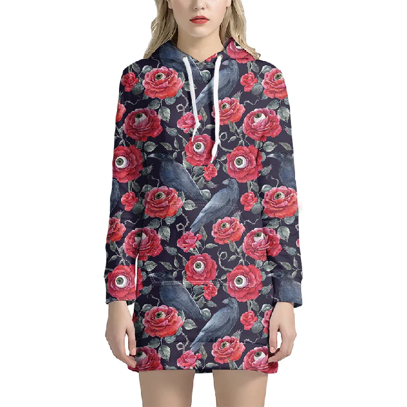 Eyeball Rose Pattern Print Pullover Hoodie Dress