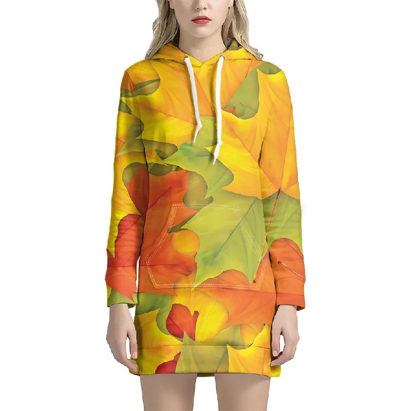 Fall Autumn Maple Leaves Print Pullover Hoodie Dress