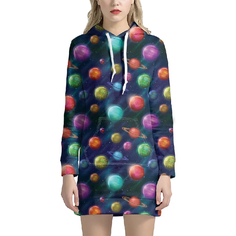 Fantastic Planets Pattern Print Pullover Hoodie Dress