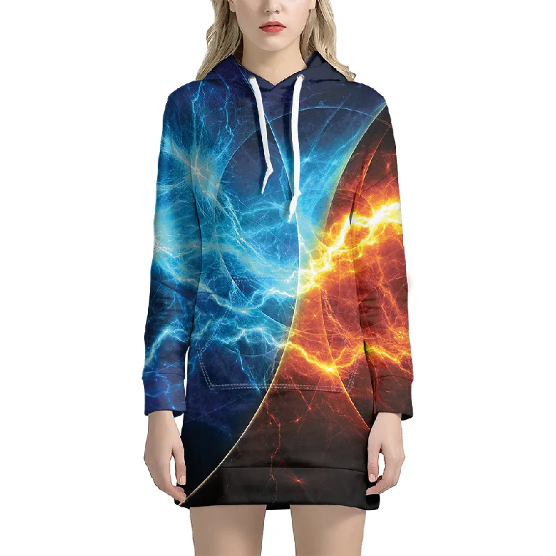 Fire And Ice Energy Print Pullover Hoodie Dress