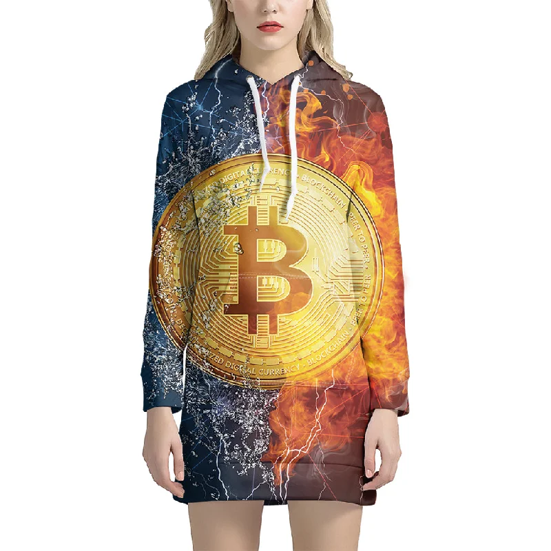Fire And Water Bitcoin Print Pullover Hoodie Dress