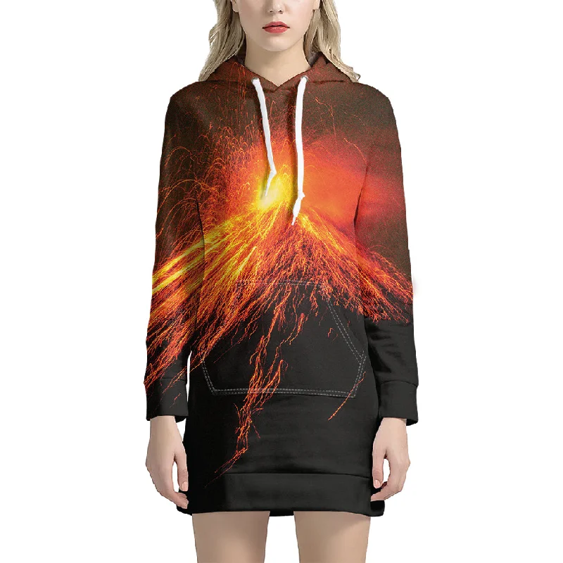 Fire Volcano Print Pullover Hoodie Dress