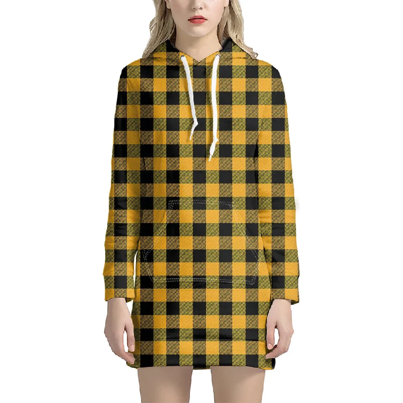 Fire Yellow Buffalo Check Pattern Print Pullover Hoodie Dress