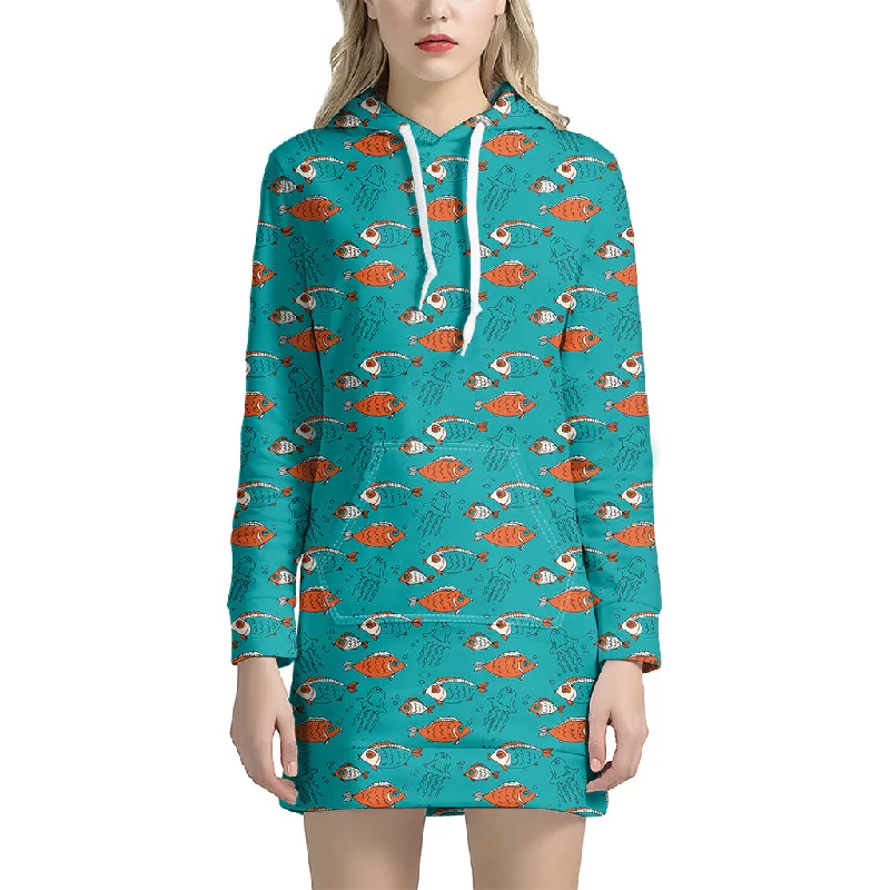 Fish And Jellyfish Pattern Print Pullover Hoodie Dress
