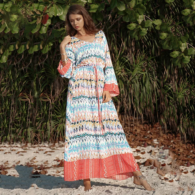 Flare Sleeve Patchwork Chiffon Tunic Bohemia Dresses