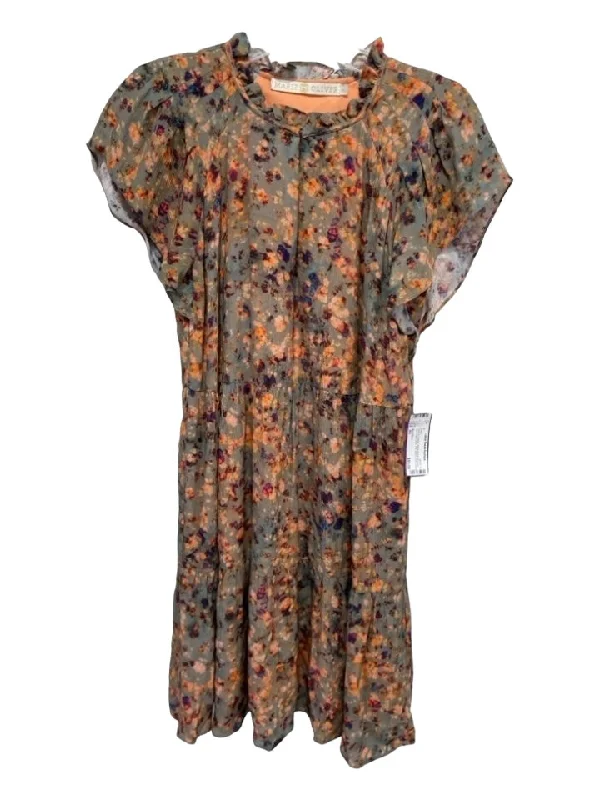 Marie Oliver Size XS Green & Orange Rayon Blend Abstract Round Split Neck Dress