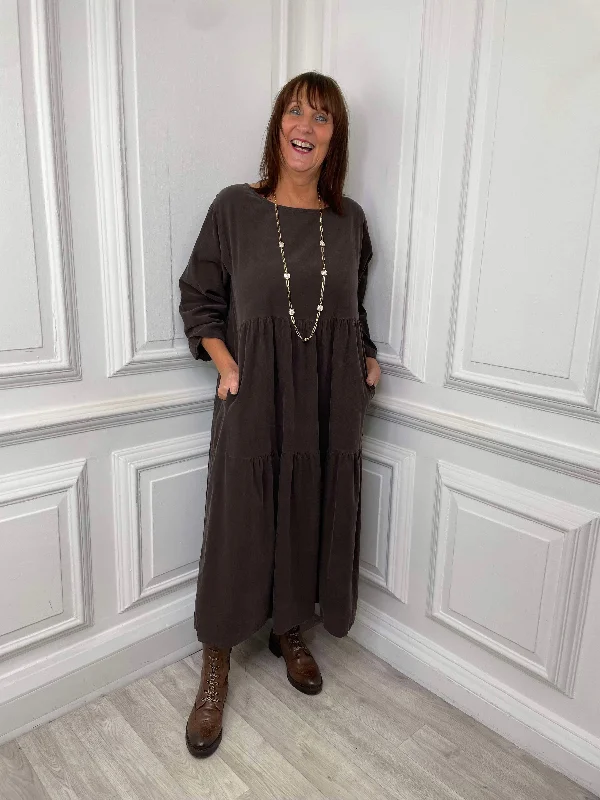 Micro Cord Tiered Midaxi Dress - Chocolate