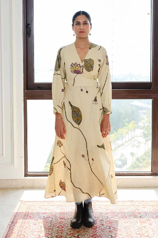 Beige Hand-Painted Overlap Dress