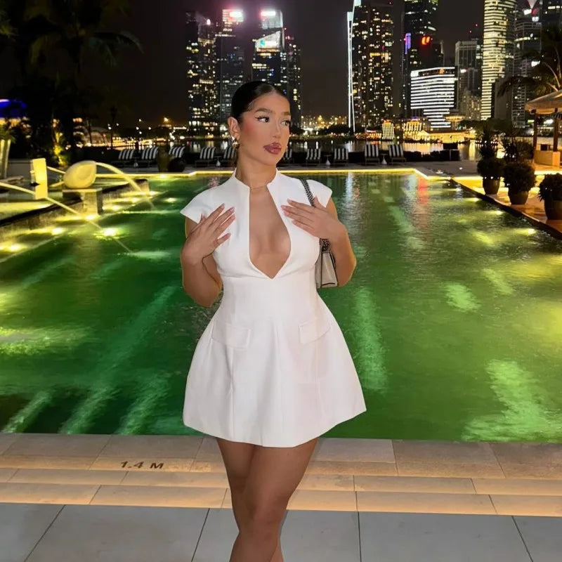 Oshfall new summer fashion solid color deep V sexy short slim fit women's dress