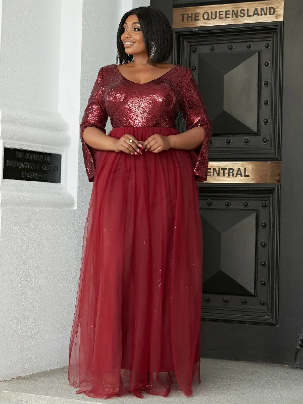 Plus Size Sequin V-Neck Split Sleeve Dress