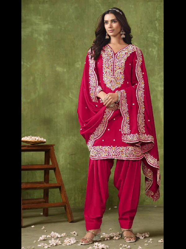Rani Pink Expensive Designer Semi-Stitched Patiyala Dress With Printed Embroidery Work