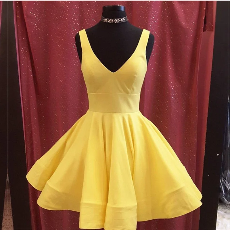Short Satin V Neck Swing Prom Homecoming Dresses
