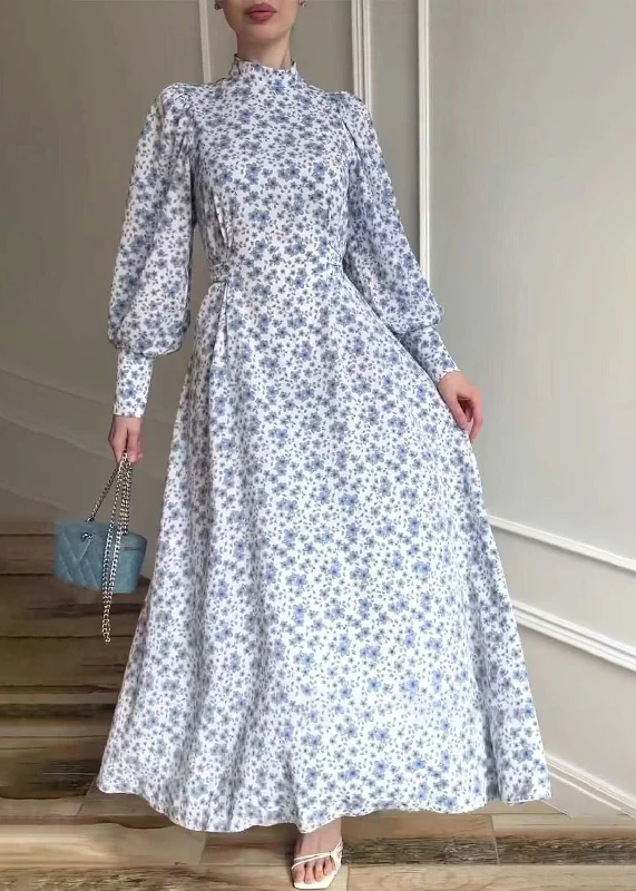 Women Stand Collar Print Lace Up Long Dress Lantern Sleeve