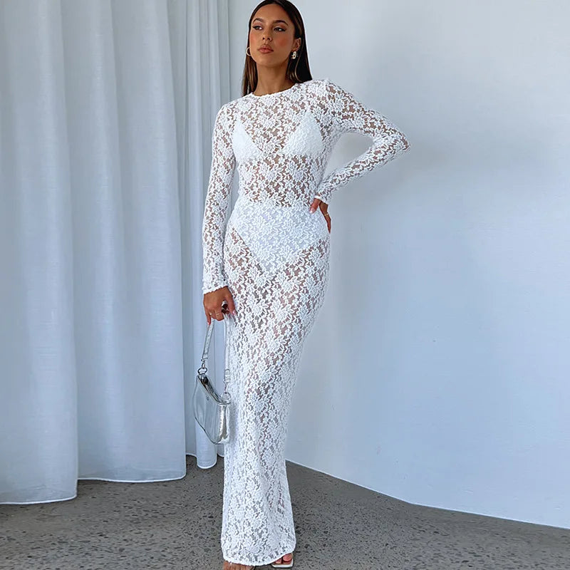 Women's Sexy Spicy Girl Round Neck Skirt Children Pure Color Lace Perspective Long Long -Sleeved Dress Women's Clothing