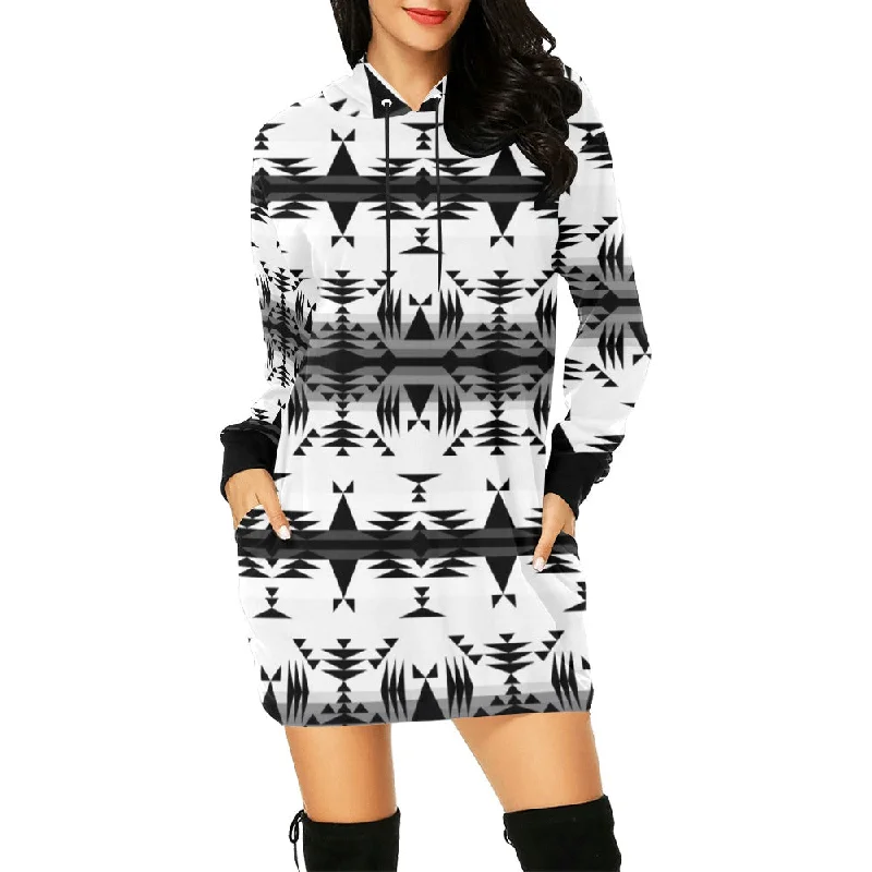 Between the Mountains White and Black Hoodie Dress Hoodie with Raglan Sleeves Sporty Comfortable Between the Mountains White and Black Hoodie Dress Hoodie with Raglan Sleeves Sporty Comfortable