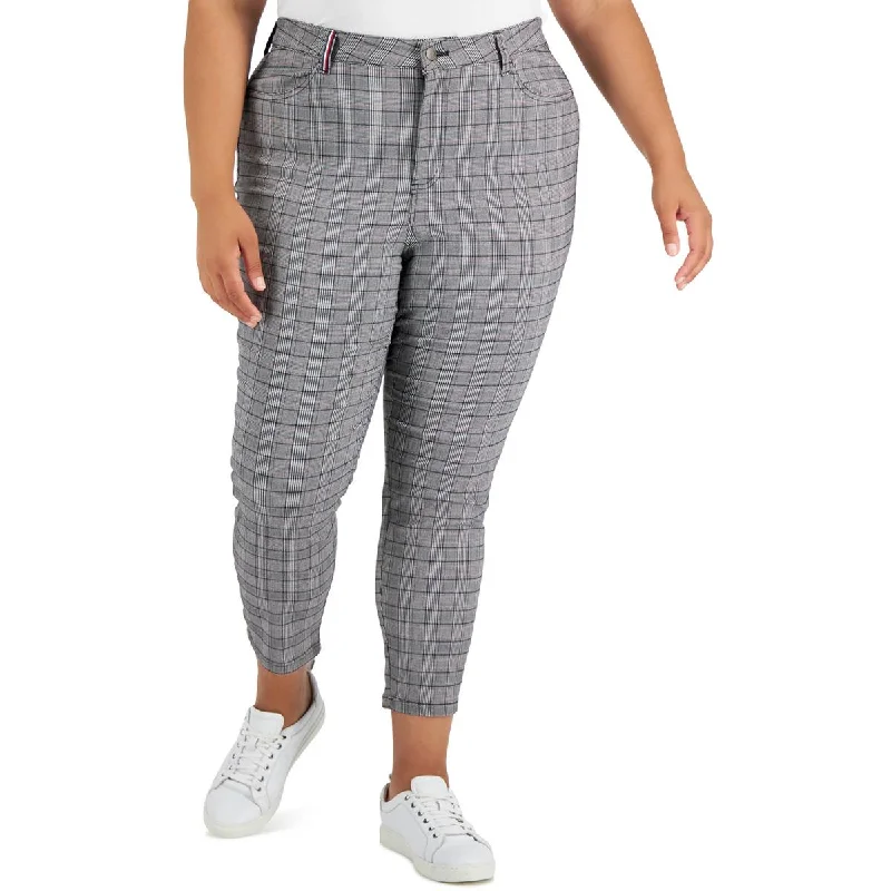 Womens Woven Plaid Skinny Pants Relaxed Linen Pants
