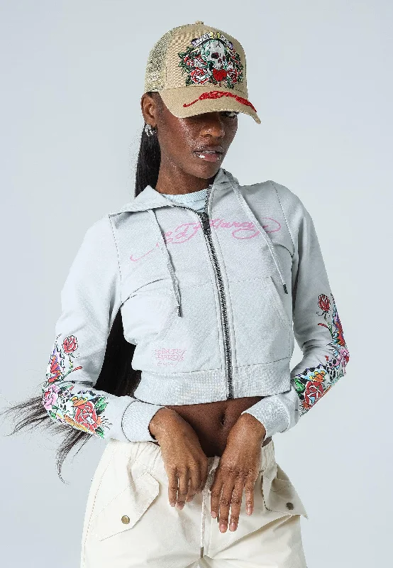 Womens Don-Ed-Diamond Graphic Cropped Zip Through Hoodie - Grey Hoodie with Raglan Sleeves Sporty Comfortable Womens Don-Ed-Diamond Graphic Cropped Zip Through Hoodie - Grey Hoodie with Raglan Sleeves Sporty Comfortable