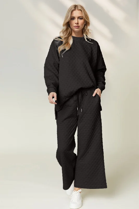 Double Take Checkered Slit High-Low Round Neck Top and Wide Leg Pants Set Comfortable Pleated Pants