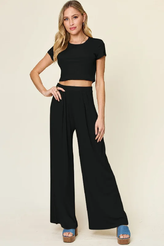 Double Take Full Size Round Neck Top and Pants Set Classic Chino Pants