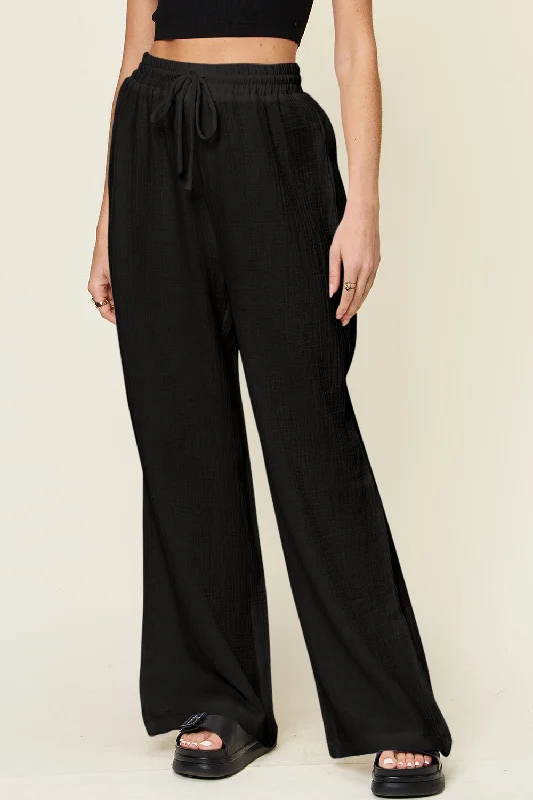 Double Take Full Size Texture Drawstring Wide Leg Pants Relaxed Fit Trousers
