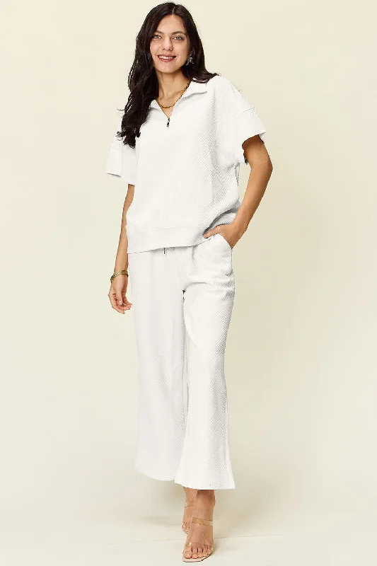 Double Take Full Size Texture Half Zip Short Sleeve Top and Pants Set Classic Cropped Pants