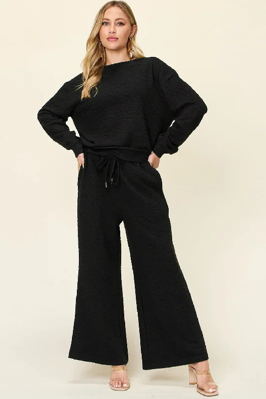 Double Take Full Size Texture Long Sleeve Top and Pants Set Slim-Fit Khaki Pants