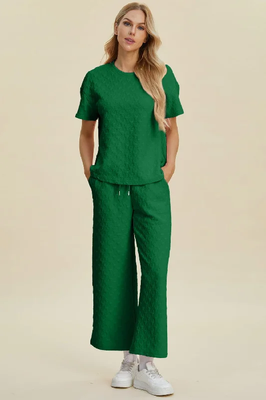 Double Take Full Size Texture Round Neck Short Sleeve Top and Pants Set Formal Wide-Leg Pants