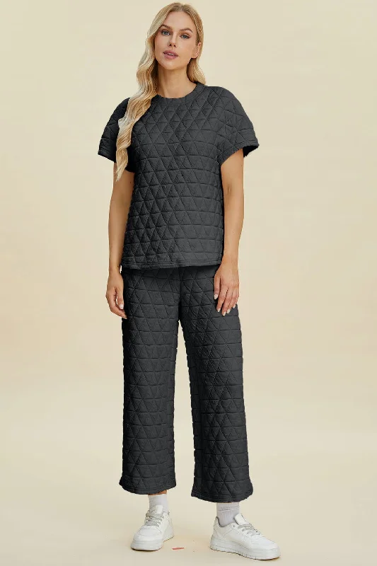 Double Take Full Size Texture Round Neck Short Sleeve Top and Pants Set Soft Stretch Trousers