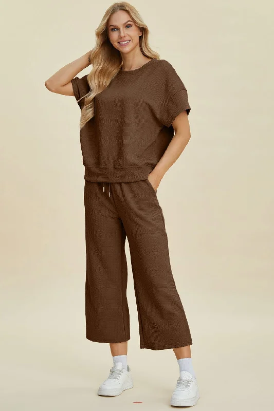 Double Take Full Size Texture Round Neck Top and Pants Set High-Waist Yoga Pants