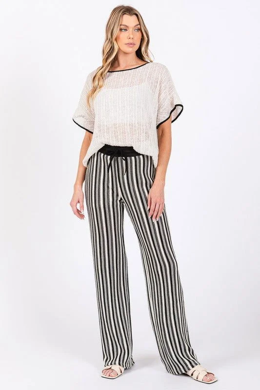 GeeGee See-Through Stripe Knit Pants Elegant Wool Trousers