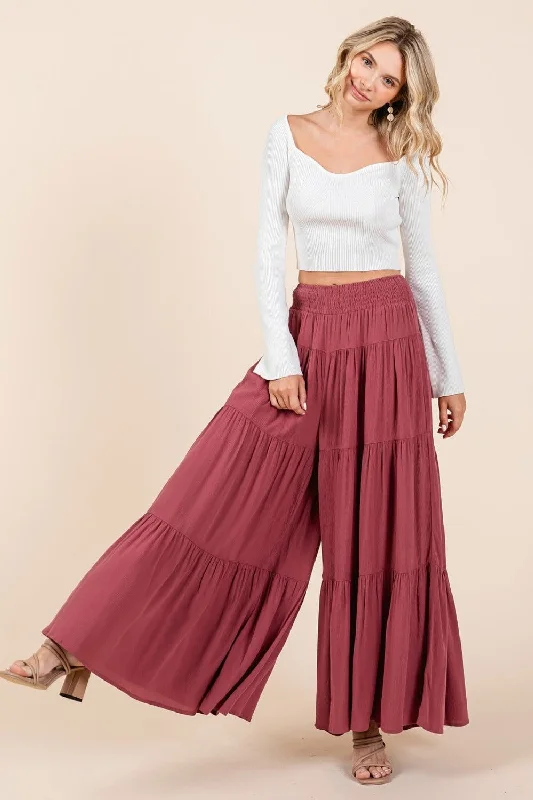 Mittoshop Tier Smocked Elastic Waist Wide Leg Pants In Sienna Casual Skinny Fit Pants