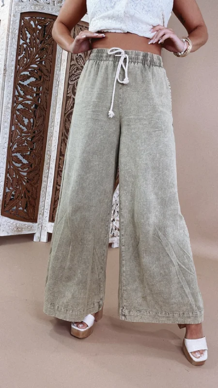 Mix It Up Mineral Washed Wide Leg Pants, Olive Casual Lounge Pants