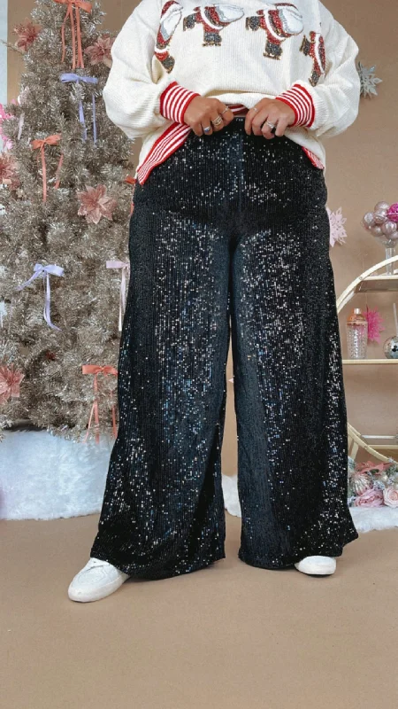 Sequins Flared Pants, Black Comfortable Wide-Leg Pants