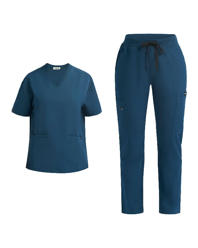 Gibraltar Blue V Neck Top and Multi-Pocket Scrub Pants Set Cozy Lounge Pants