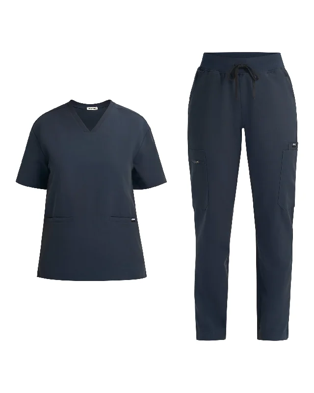 Midnight Navy V Neck Top and Multi-Pocket Scrub Pants Set Formal Stretch Pants