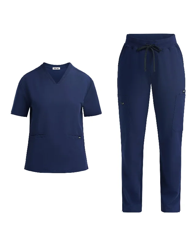 True Navy V Neck and Multi Pocket Scrub Pants Set Elegant High-Waist Pants