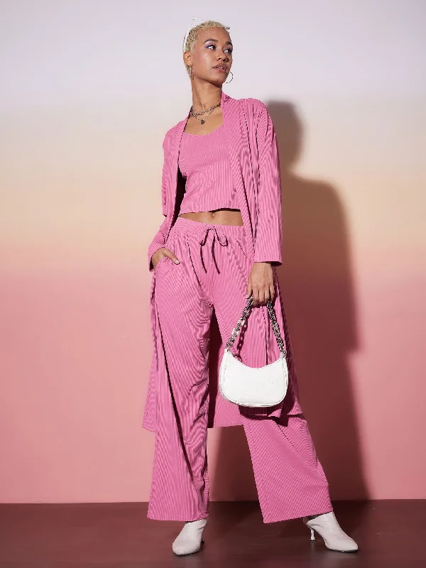 Women Pink Rib Strappy Top With Pants & Shrug Fashionable Track Pants