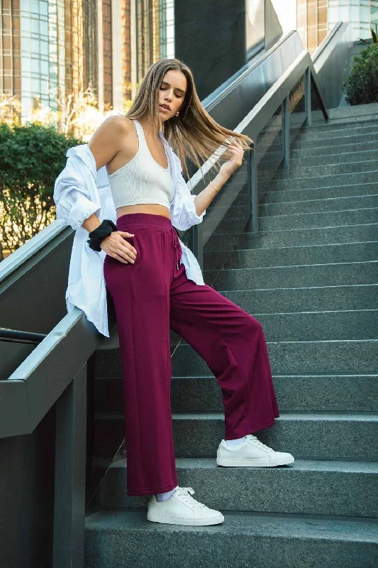 Umgee Full Size Drawstring Wide Leg Pants with Pockets - Merlot Chic Faux Leather Pants