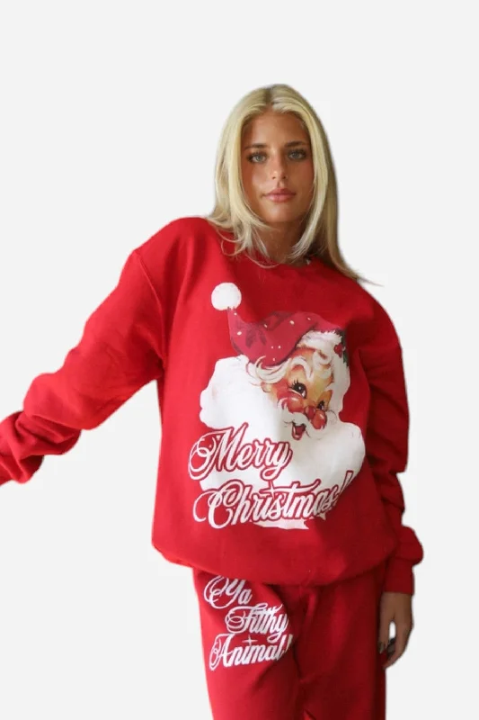 Friday + Saturday Vintage Santa Sweatshirt in Red Hoodie with Frayed Bohemian Relaxed Friday + Saturday Vintage Santa Sweatshirt in Red Hoodie with Frayed Bohemian Relaxed