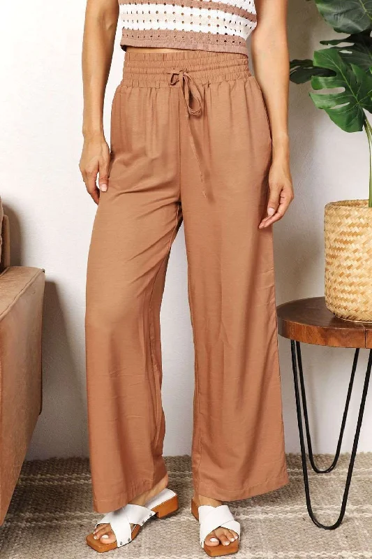 Double Take Drawstring Smocked Waist Wide Leg Pants Stylish Elastic Waist Pants