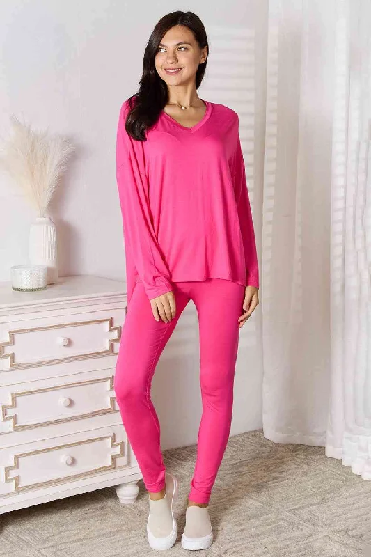 V-Neck Soft Rayon Long Sleeve Top and Pants Lounge Set Comfy High-Waist Jeans