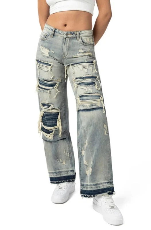 Women's Wide Leg Ripped Jean Trendy Low-Rise Slim Jeans