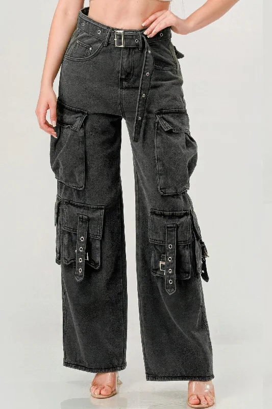 Belted Denim Cargo Jean Cozy Relaxed Fit Denim Jeans