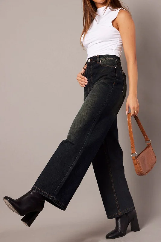 Denim Wide Leg Jean Mid Rise Dirty Wash Classic Button Fly Jeans