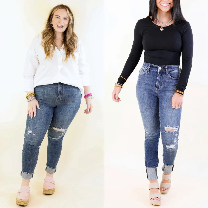Judy Blue | Daily Chic High Waisted Skinny Jean with Destroyed Knee in Dark Wash Fashionable Slouchy Fit Jeans Judy Blue | Daily Chic High Waisted Skinny Jean with Destroyed Knee in Dark Wash Fashionable Slouchy Fit Jeans