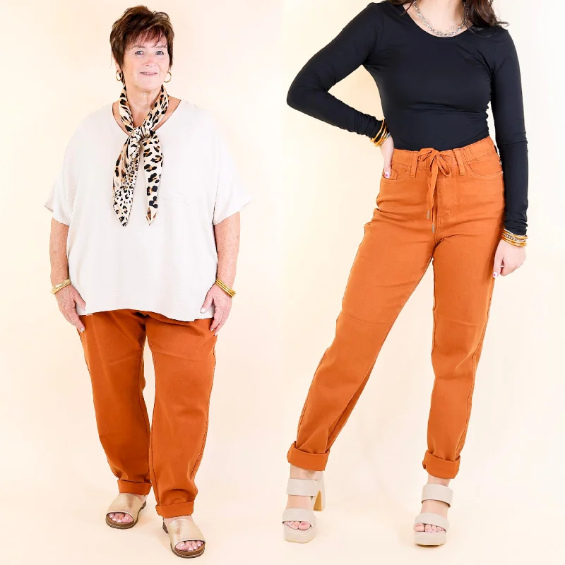 Judy Blue | Keep It A Secret Relaxed Pull on Denim Jean Joggers in Rust Orange Comfortable Low-Rise Jeans Judy Blue | Keep It A Secret Relaxed Pull on Denim Jean Joggers in Rust Orange Comfortable Low-Rise Jeans