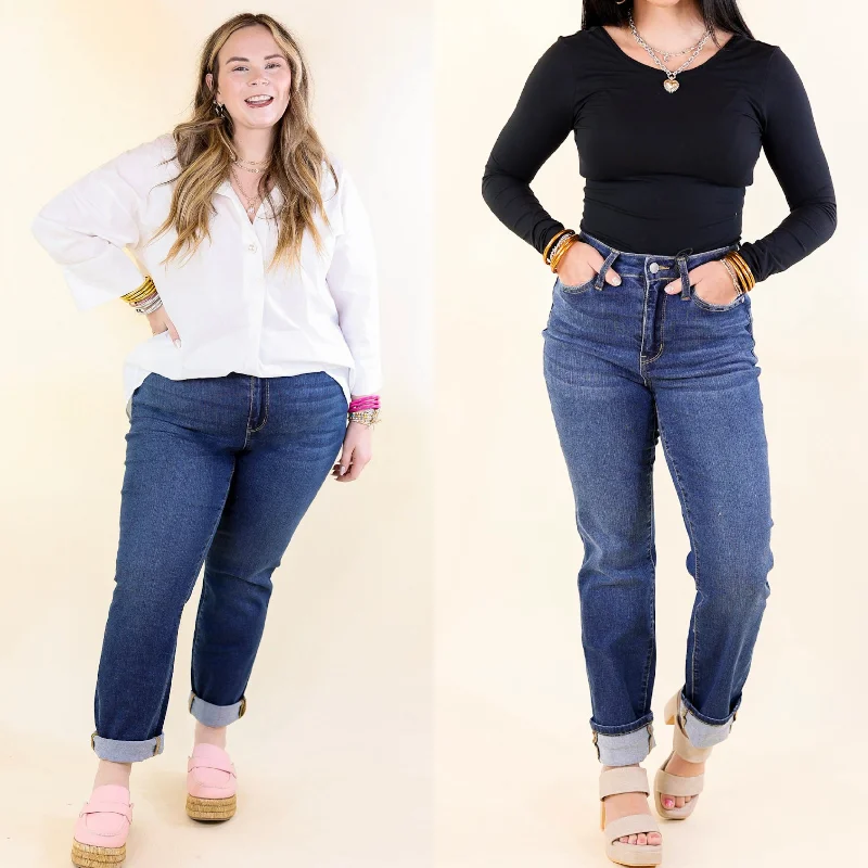 Judy Blue | Weekend Ready High Waisted Cool Denim Boyfriend Jean in Dark Wash Comfortable Drawstring Waist Jeans Judy Blue | Weekend Ready High Waisted Cool Denim Boyfriend Jean in Dark Wash Comfortable Drawstring Waist Jeans